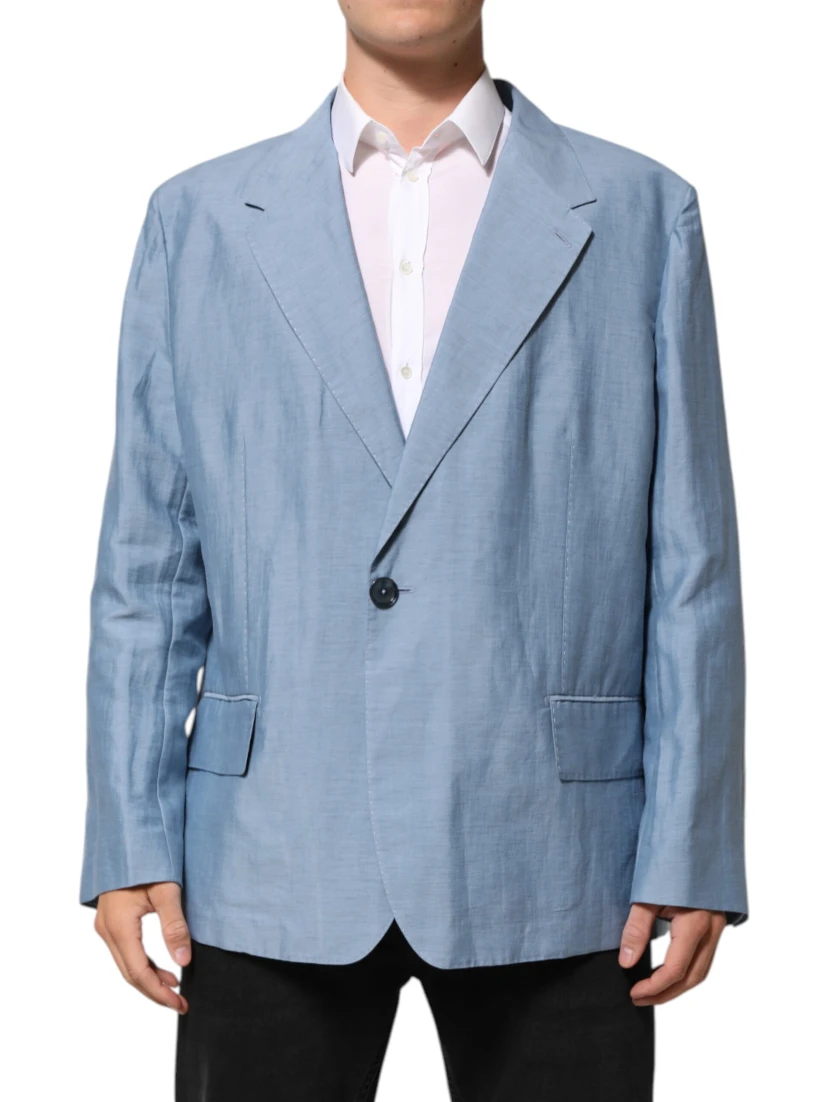 Light Blue Linen Double Breasted Men Jacket Blazer