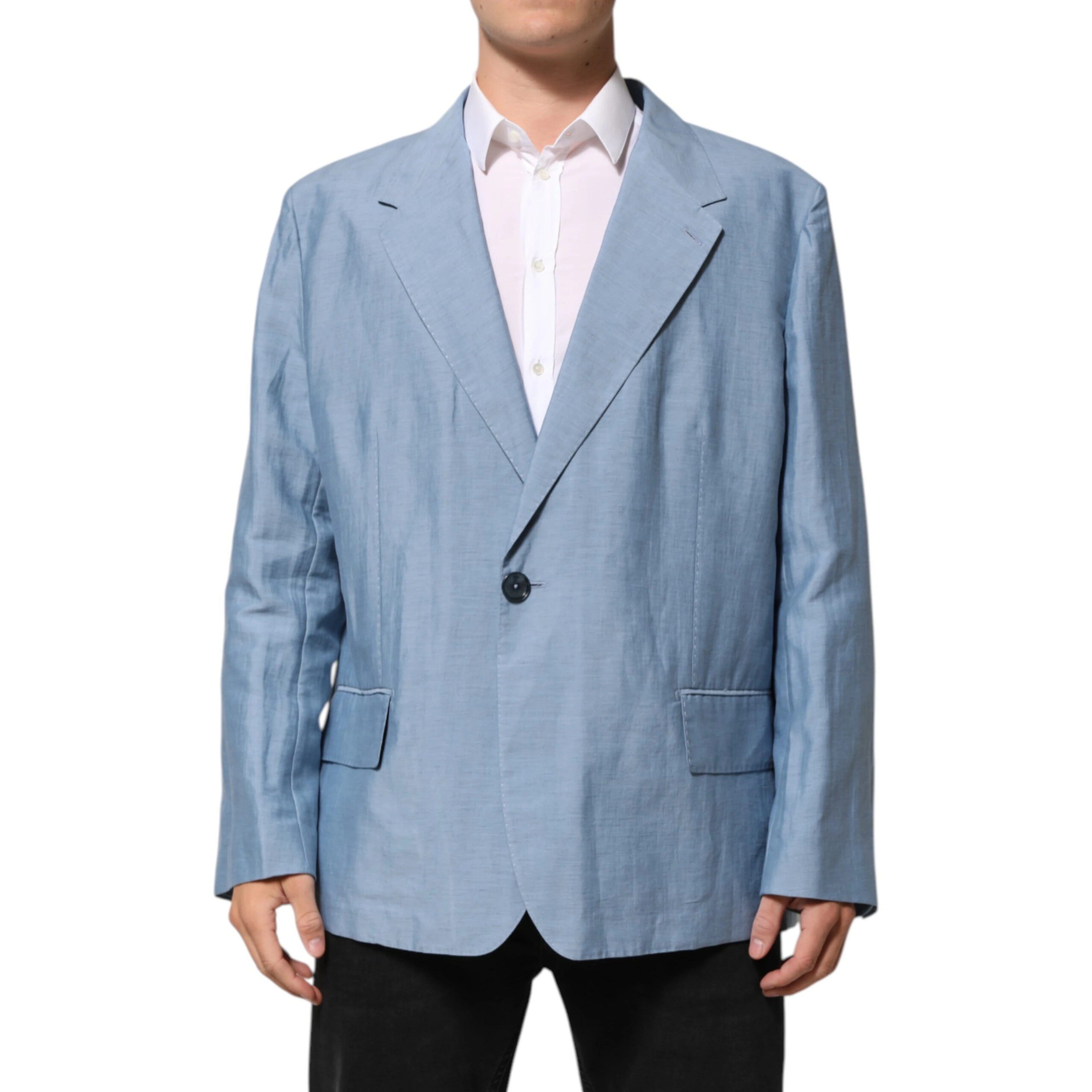 Light Blue Linen Double Breasted Men Jacket Blazer