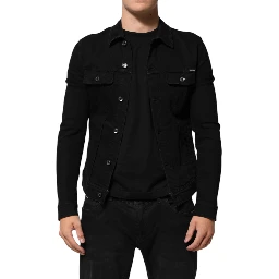 Black Cotton Denim Stretch Button Up Jacket