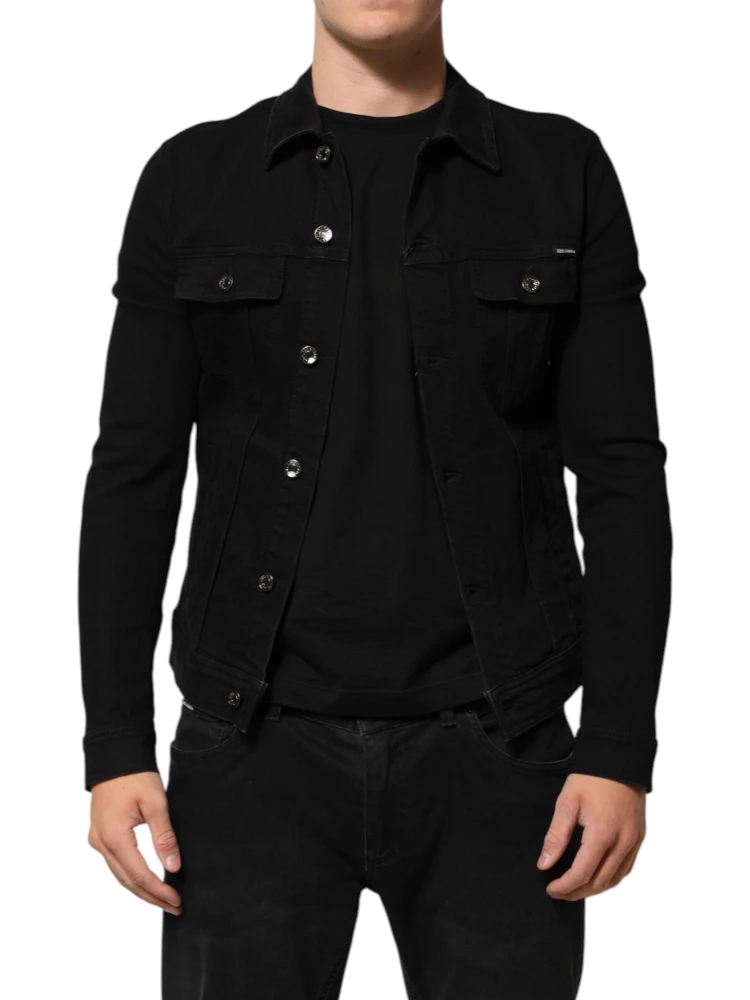Black Cotton Denim Stretch Button Up Jacket