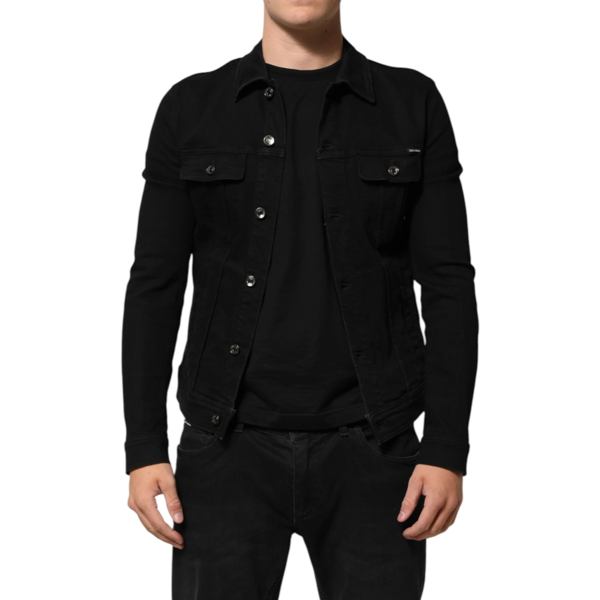 Black Cotton Denim Stretch Button Up Jacket