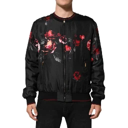 Black Red Floral Silk Bomber Blouson Jacket