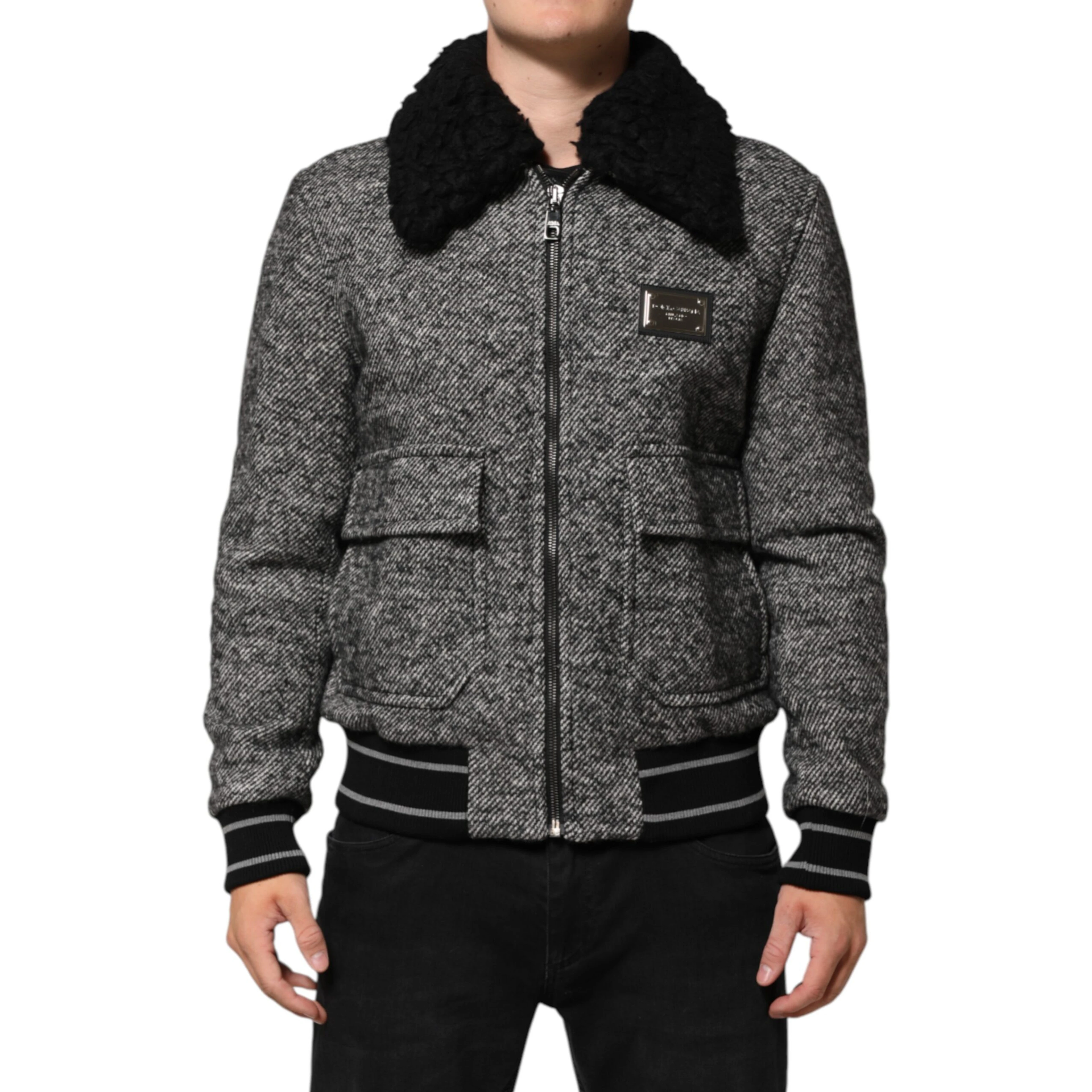 Gray Wool Herringbone Shearling Collar Bomber Jacket
