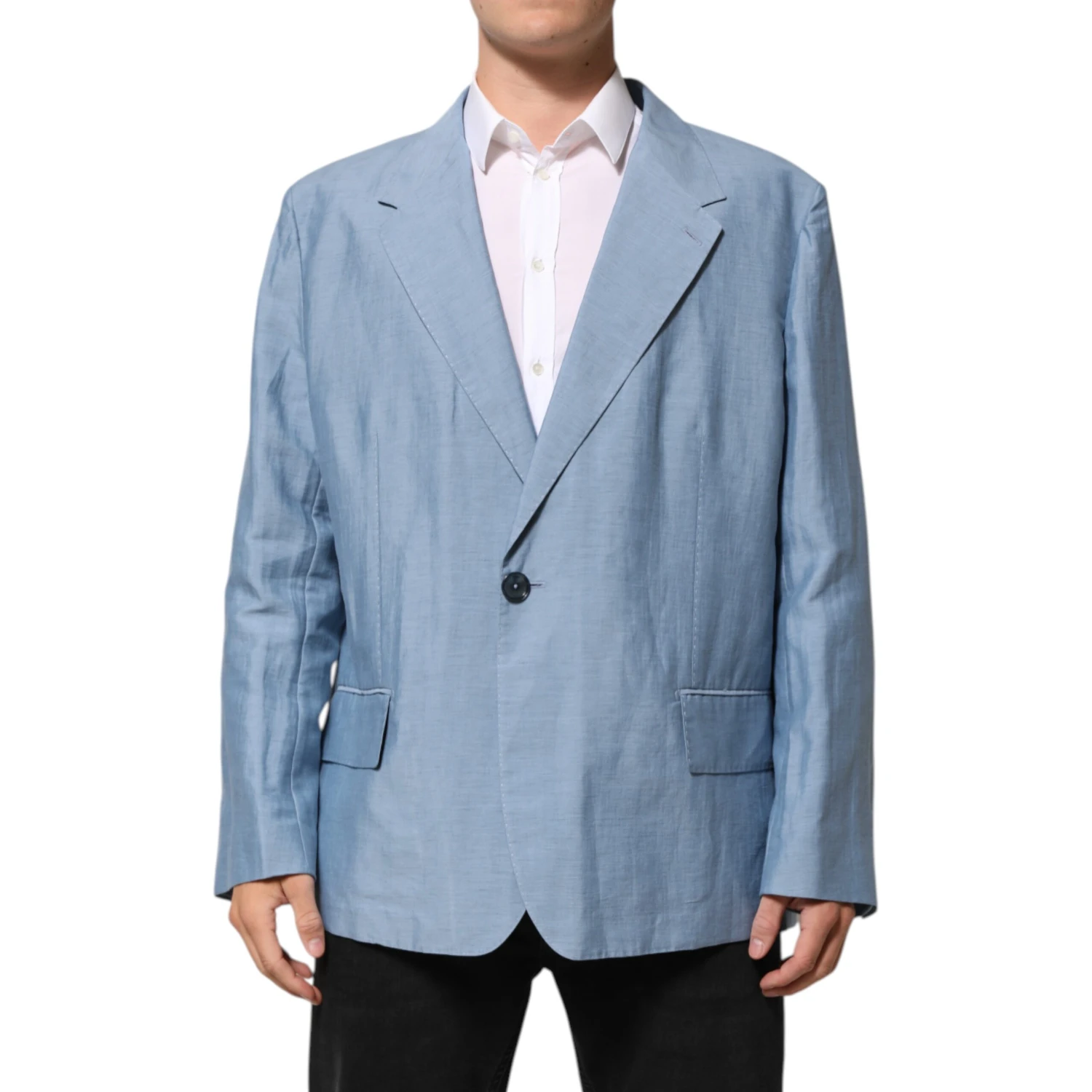 Light Blue Linen Double Breasted Men Jacket Blazer