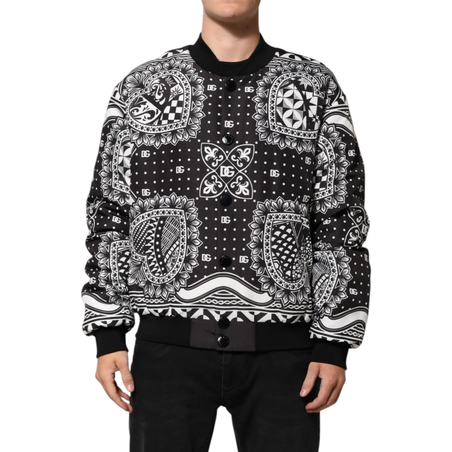 Black White Bandana Print Bomber Jacket