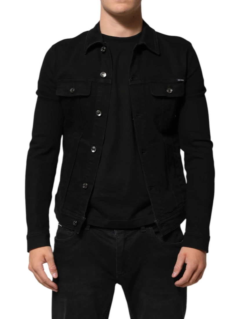 Black Cotton Denim Stretch Button Up Jacket