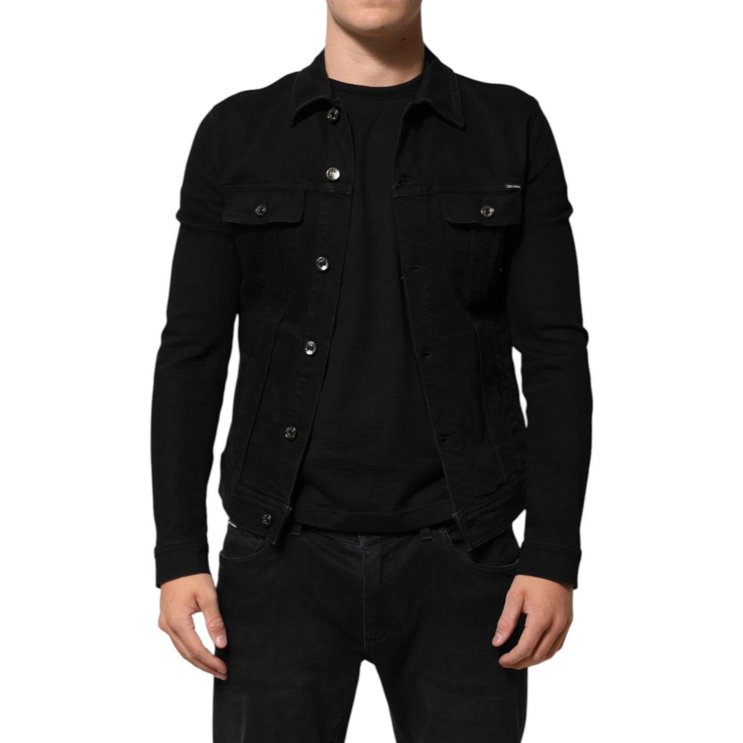 Black Cotton Denim Stretch Button Up Jacket