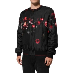 Black Red Floral Silk Bomber Blouson Jacket