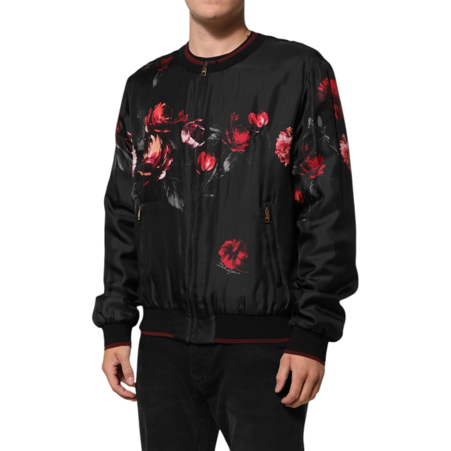 Black Red Floral Silk Bomber Blouson Jacket