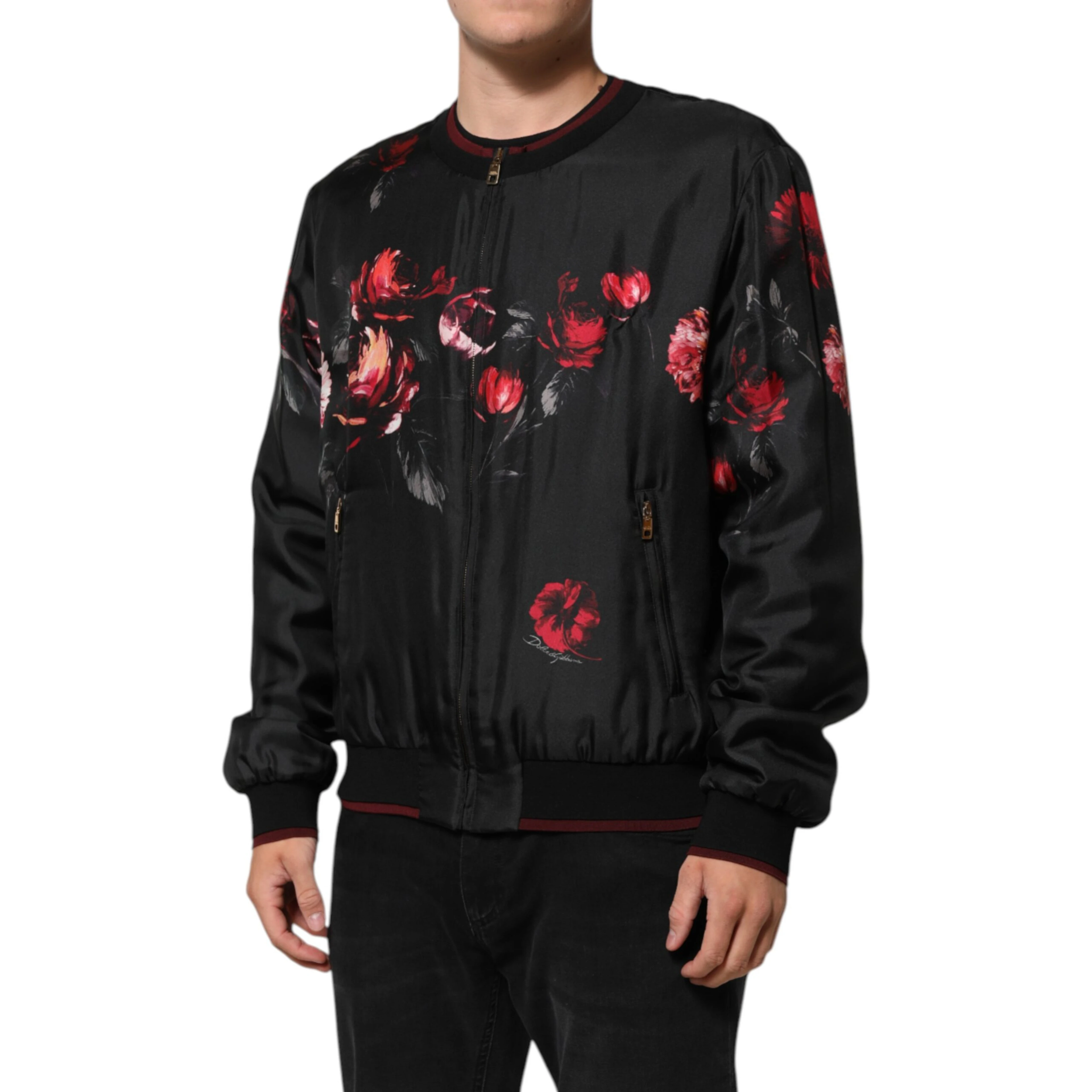 Black Red Floral Silk Bomber Blouson Jacket