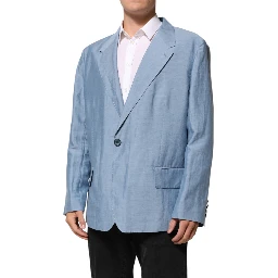 Light Blue Linen Double Breasted Men Jacket Blazer