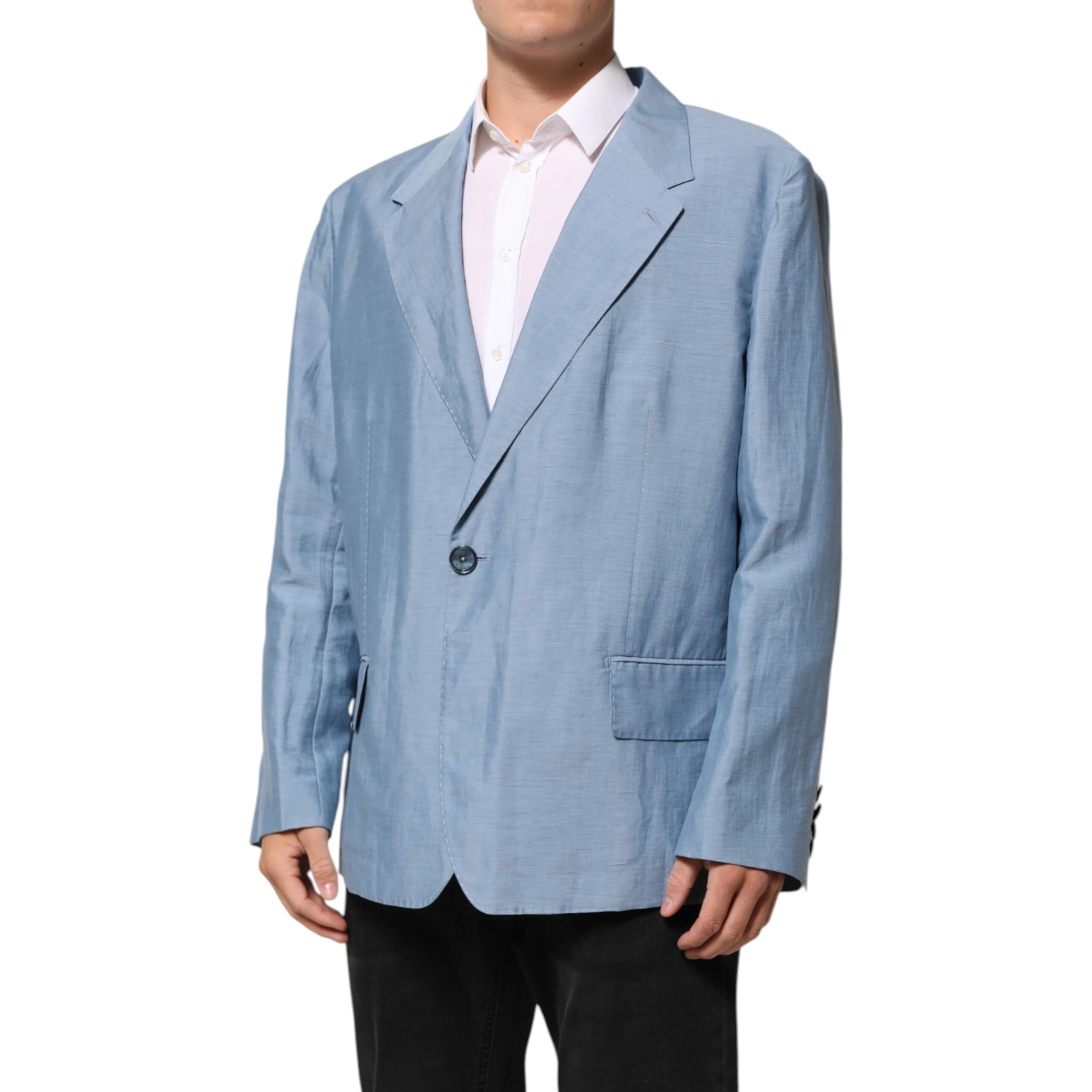 Light Blue Linen Double Breasted Men Jacket Blazer