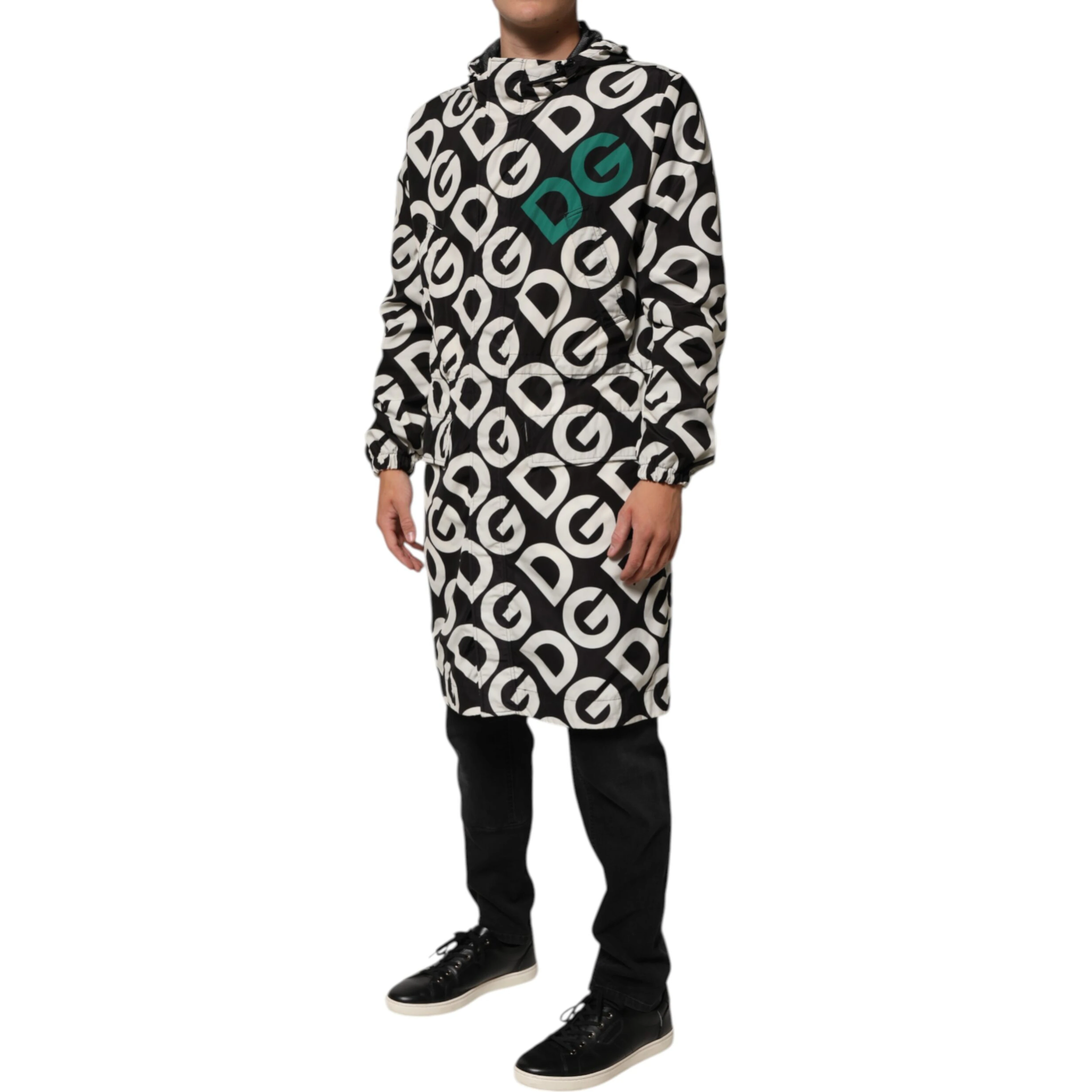 Black White Logo Print Hooded Coat Men Jacket
