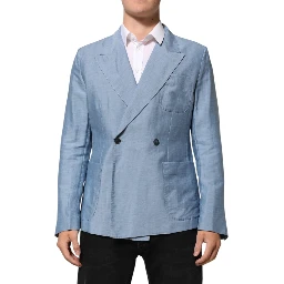 Light Blue Linen Double Breasted Men Jacket Blazer