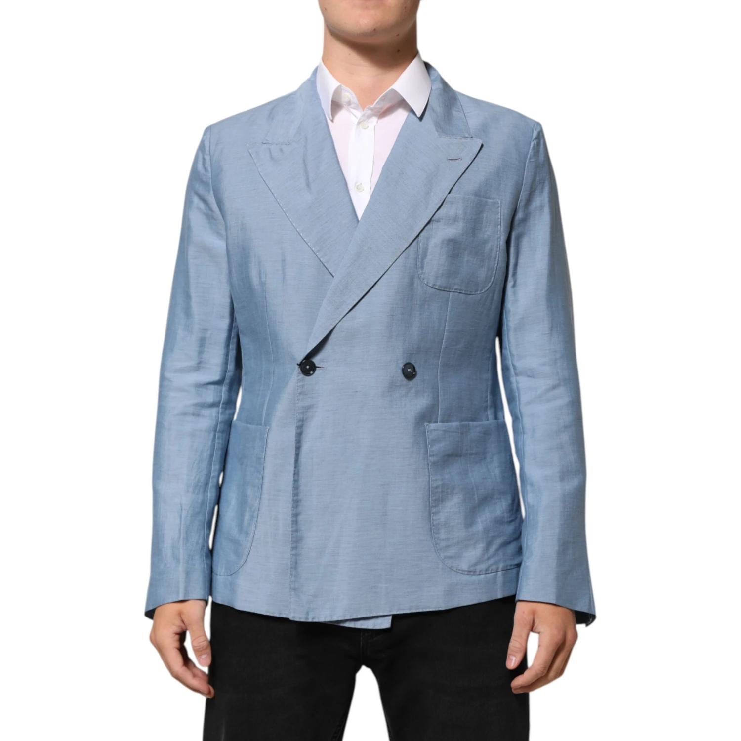 Light Blue Linen Double Breasted Men Jacket Blazer