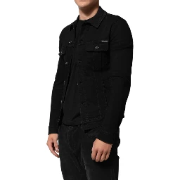 Black Cotton Denim Stretch Button Up Jacket