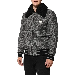Gray Wool Herringbone Shearling Collar Bomber Jacket