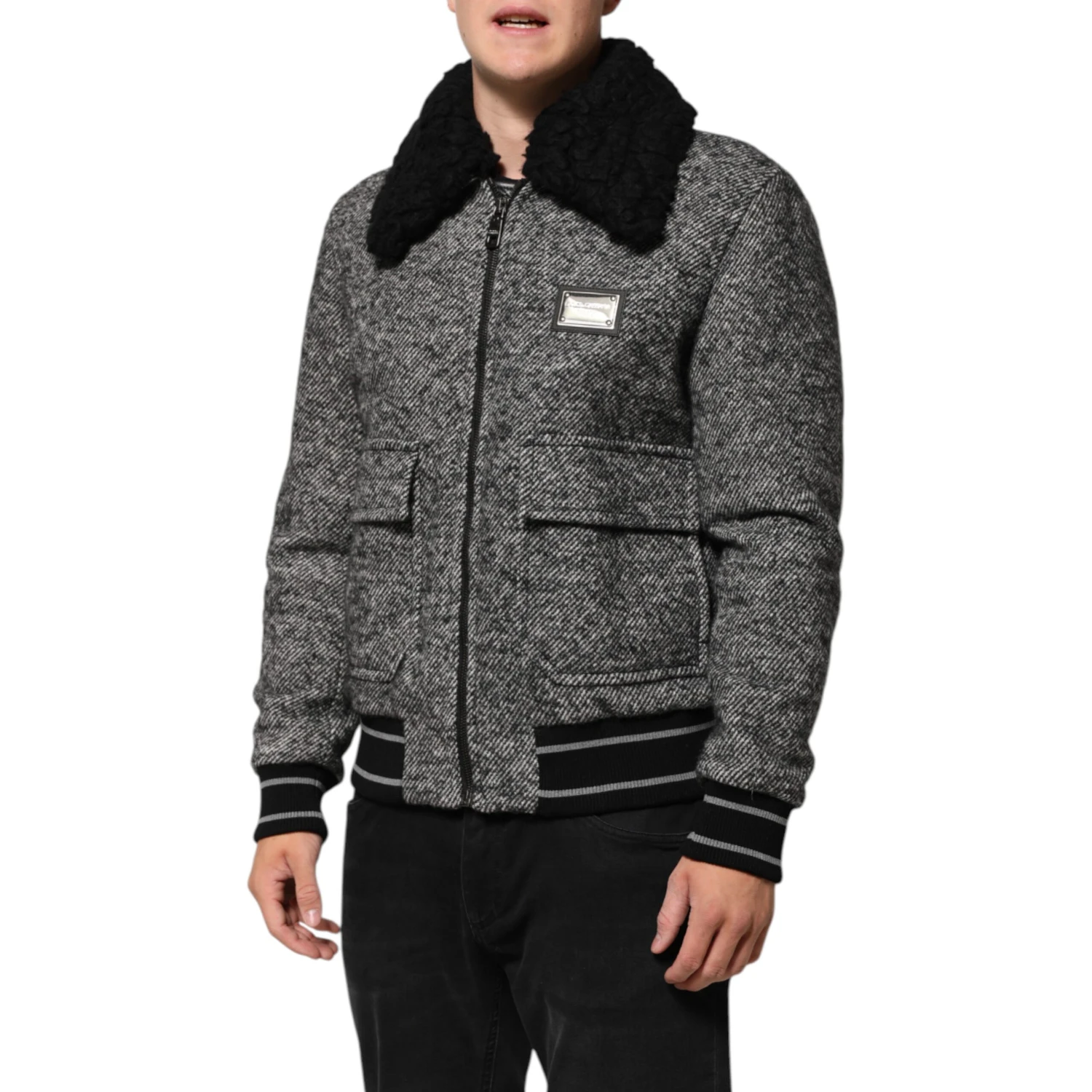 Gray Wool Herringbone Shearling Collar Bomber Jacket