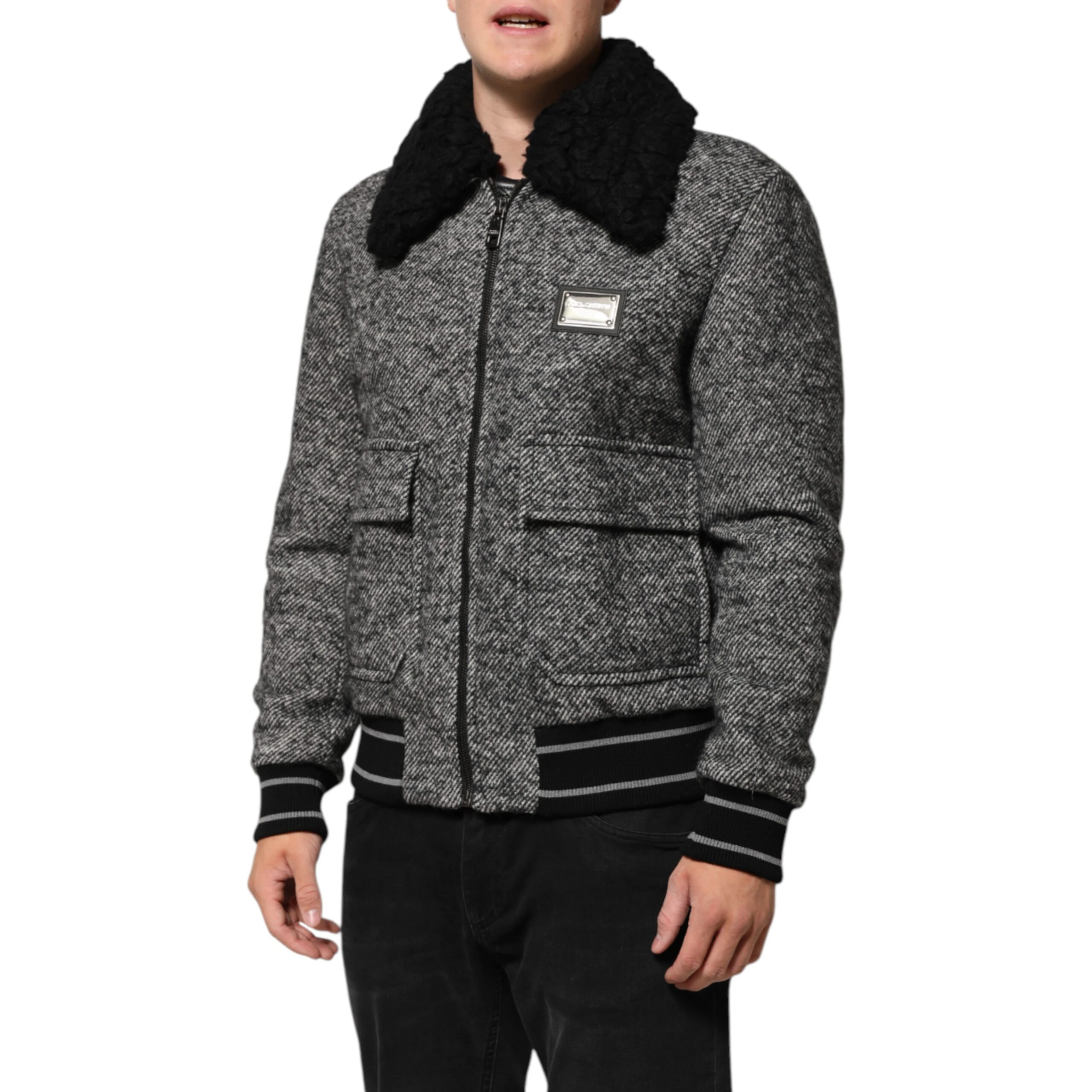 Gray Wool Herringbone Shearling Collar Bomber Jacket
