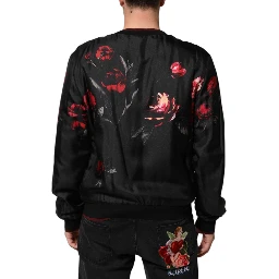 Black Red Floral Silk Bomber Blouson Jacket