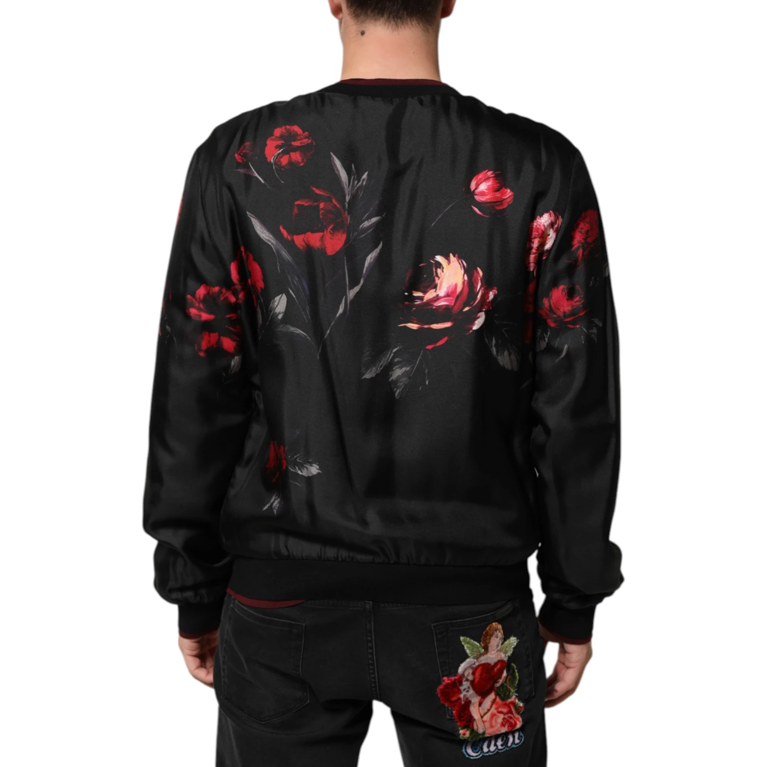 Black Red Floral Silk Bomber Blouson Jacket