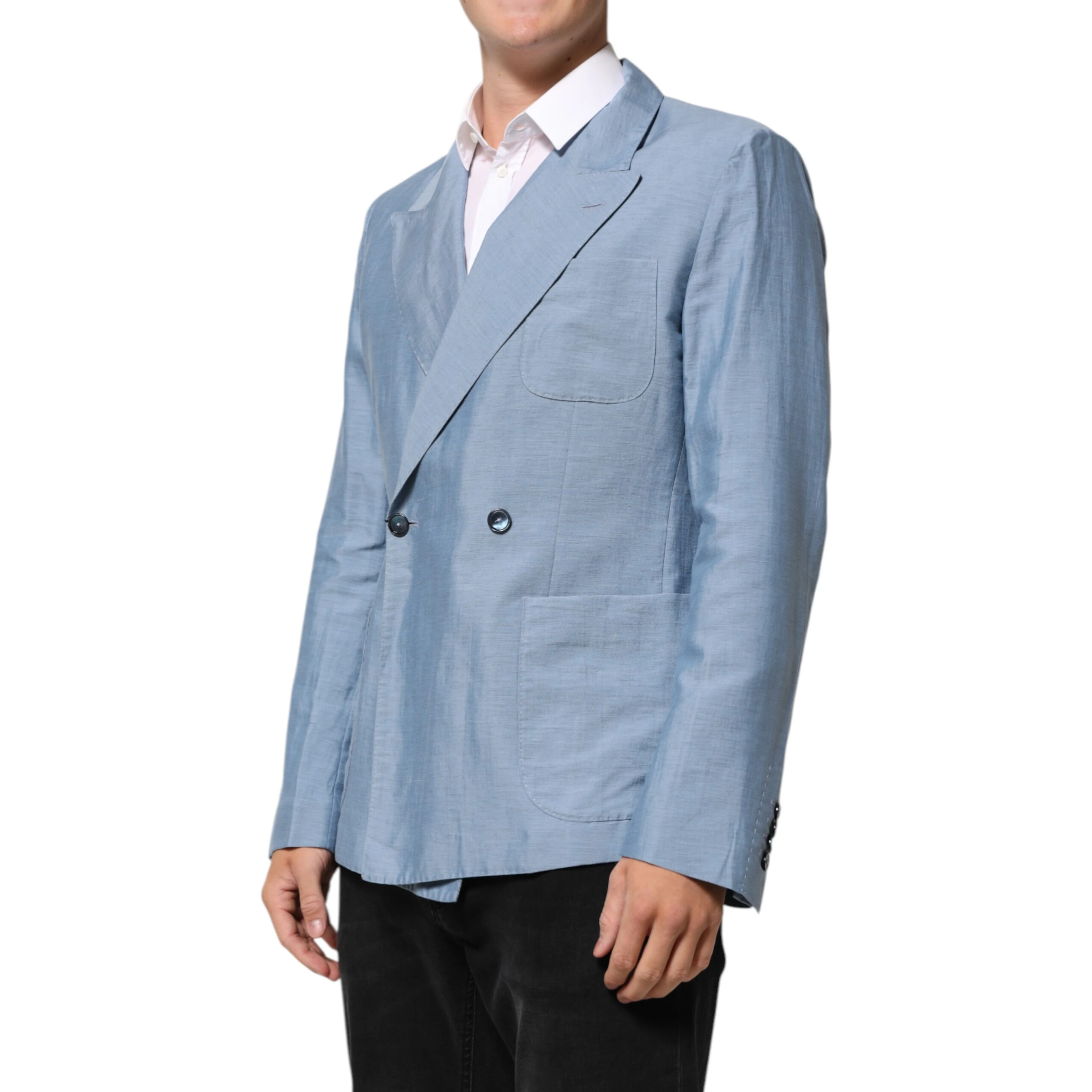 Light Blue Linen Double Breasted Men Jacket Blazer