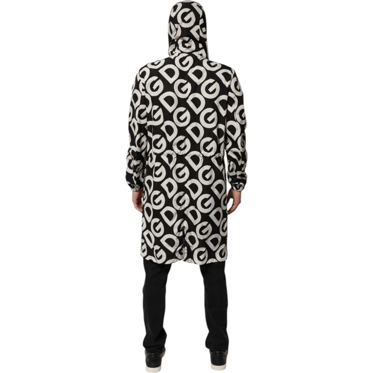 Black White Logo Print Hooded Coat Men Jacket