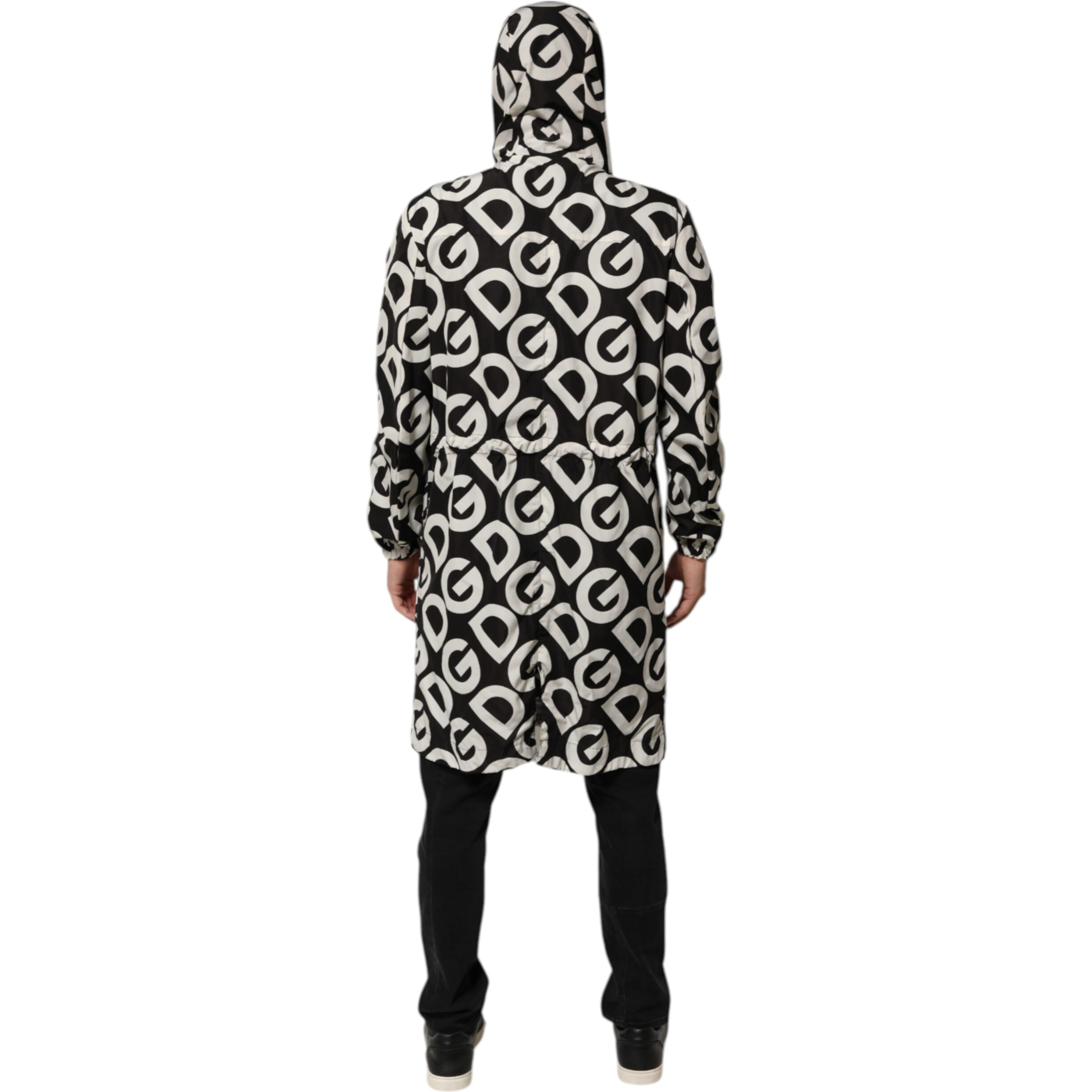 Black White Logo Print Hooded Coat Men Jacket