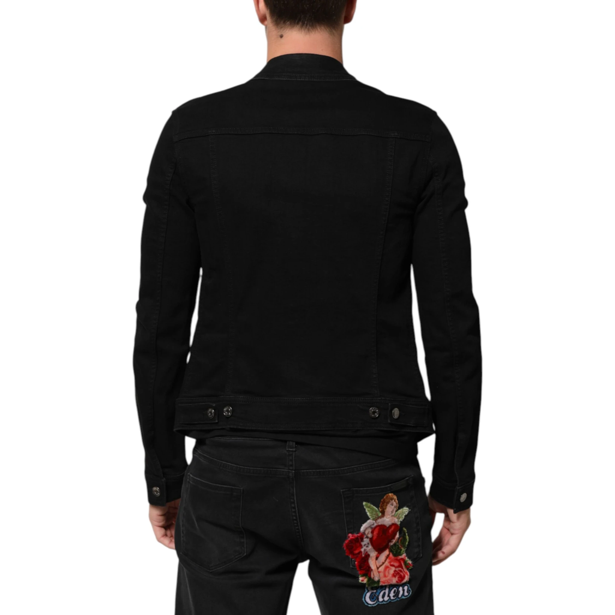 Black Cotton Denim Stretch Button Up Jacket