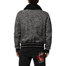 Gray Wool Herringbone Shearling Collar Bomber Jacket