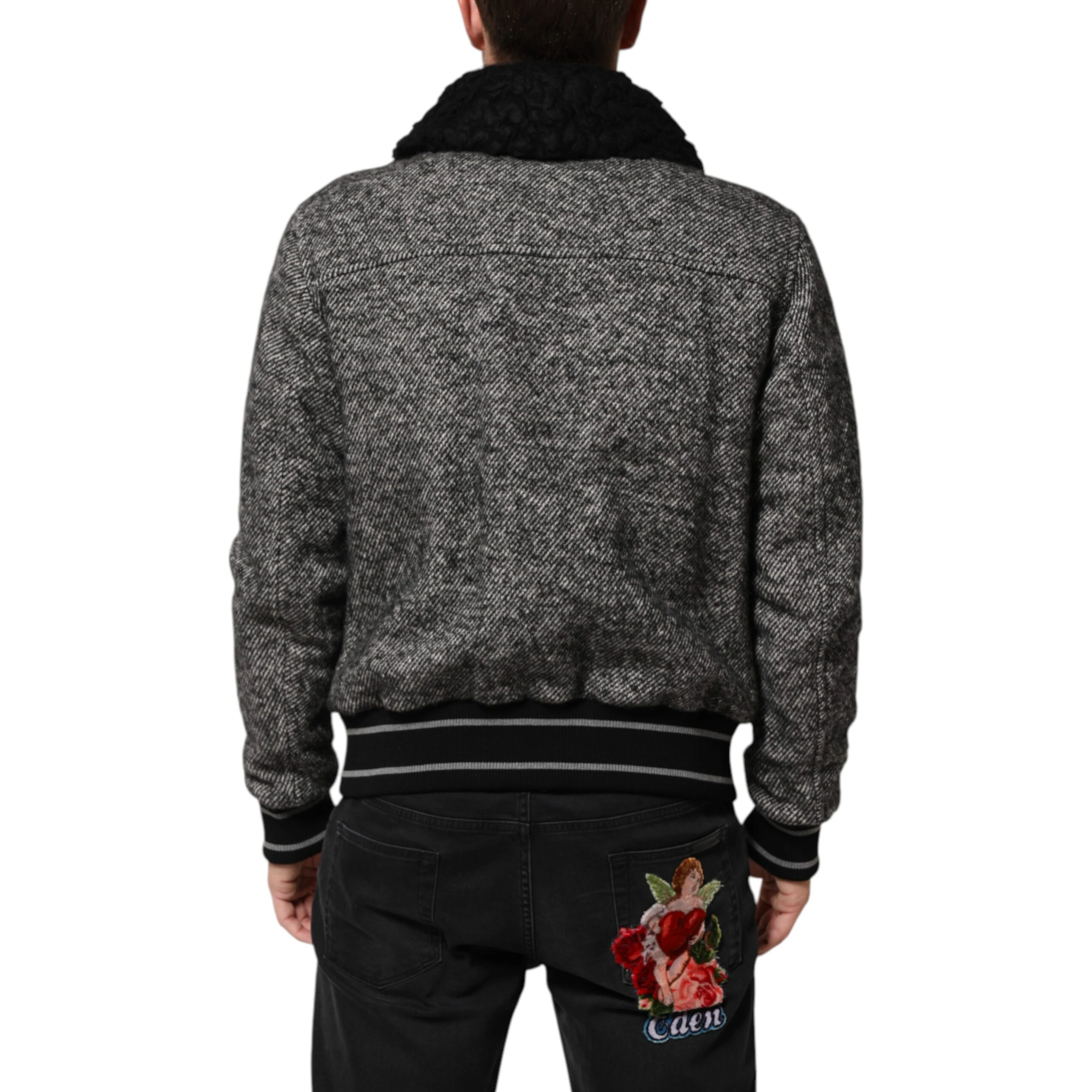 Gray Wool Herringbone Shearling Collar Bomber Jacket