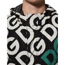 Black White Logo Print Hooded Coat Men Jacket