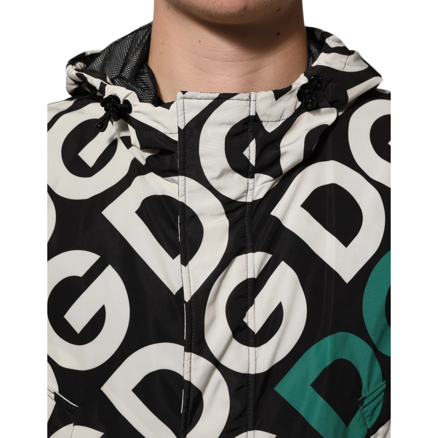 Black White Logo Print Hooded Coat Men Jacket