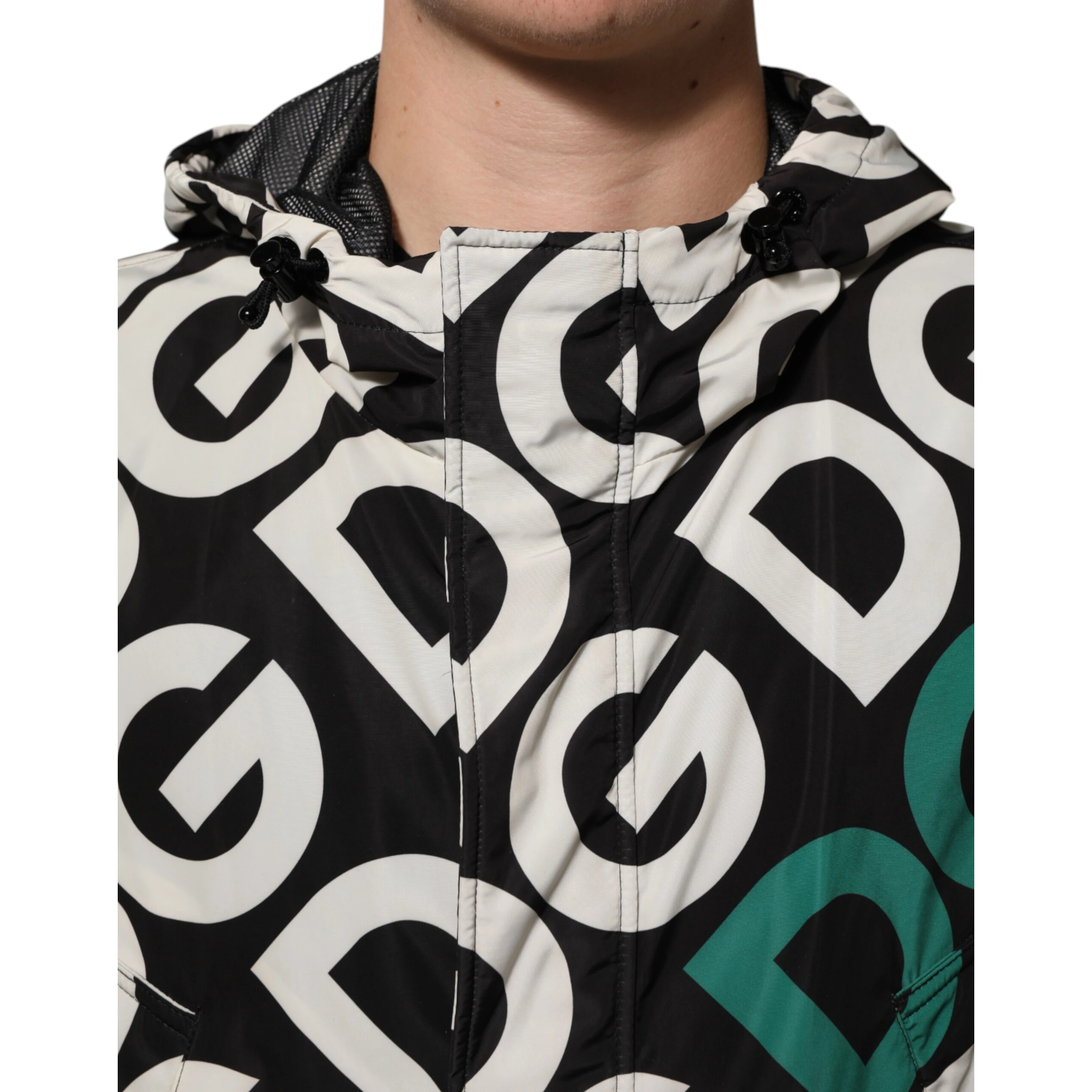 Black White Logo Print Hooded Coat Men Jacket