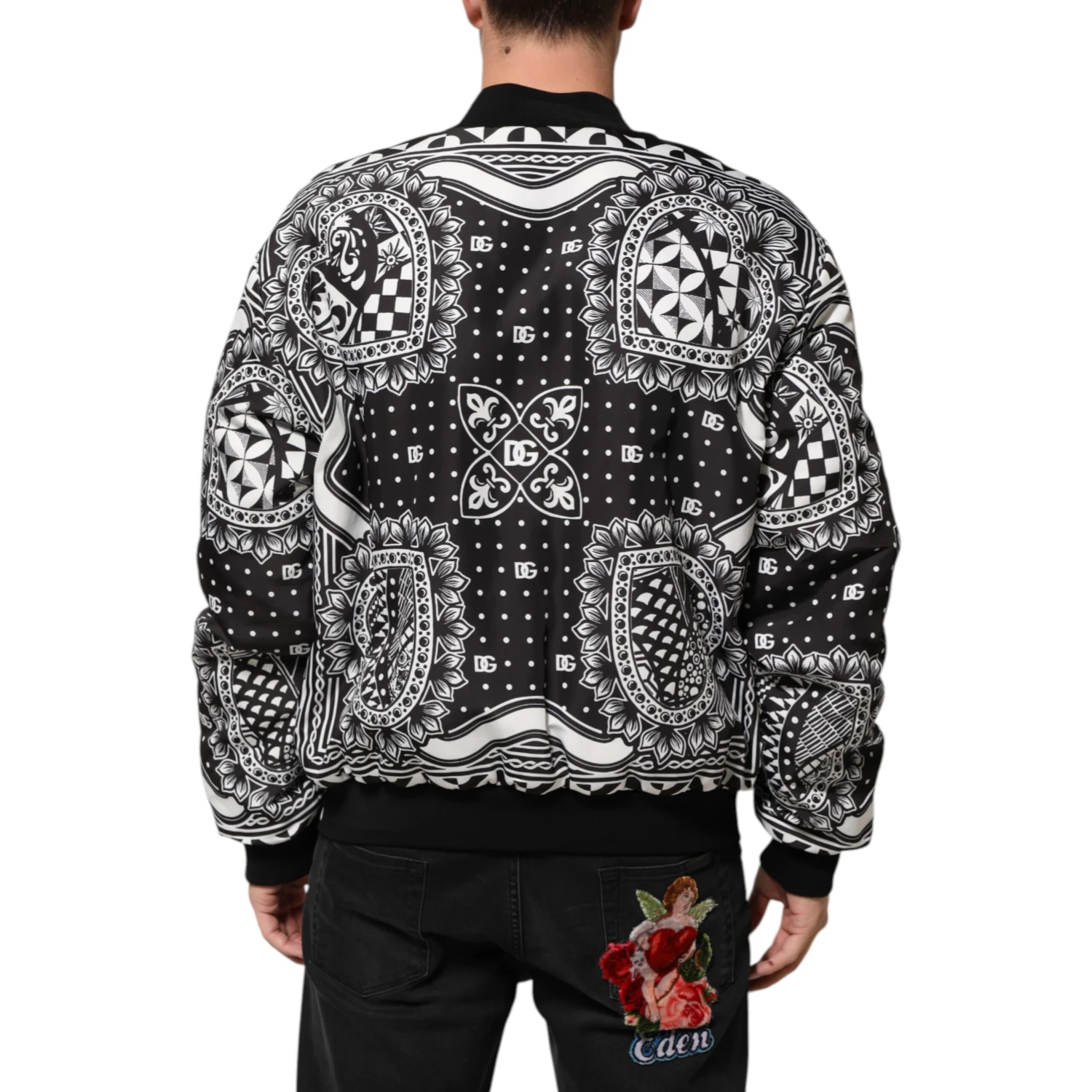 Black White Bandana Print Bomber Jacket