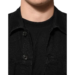 Black Cotton Denim Stretch Button Up Jacket