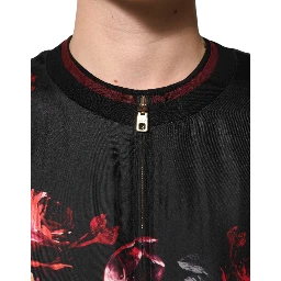 Black Red Floral Silk Bomber Blouson Jacket