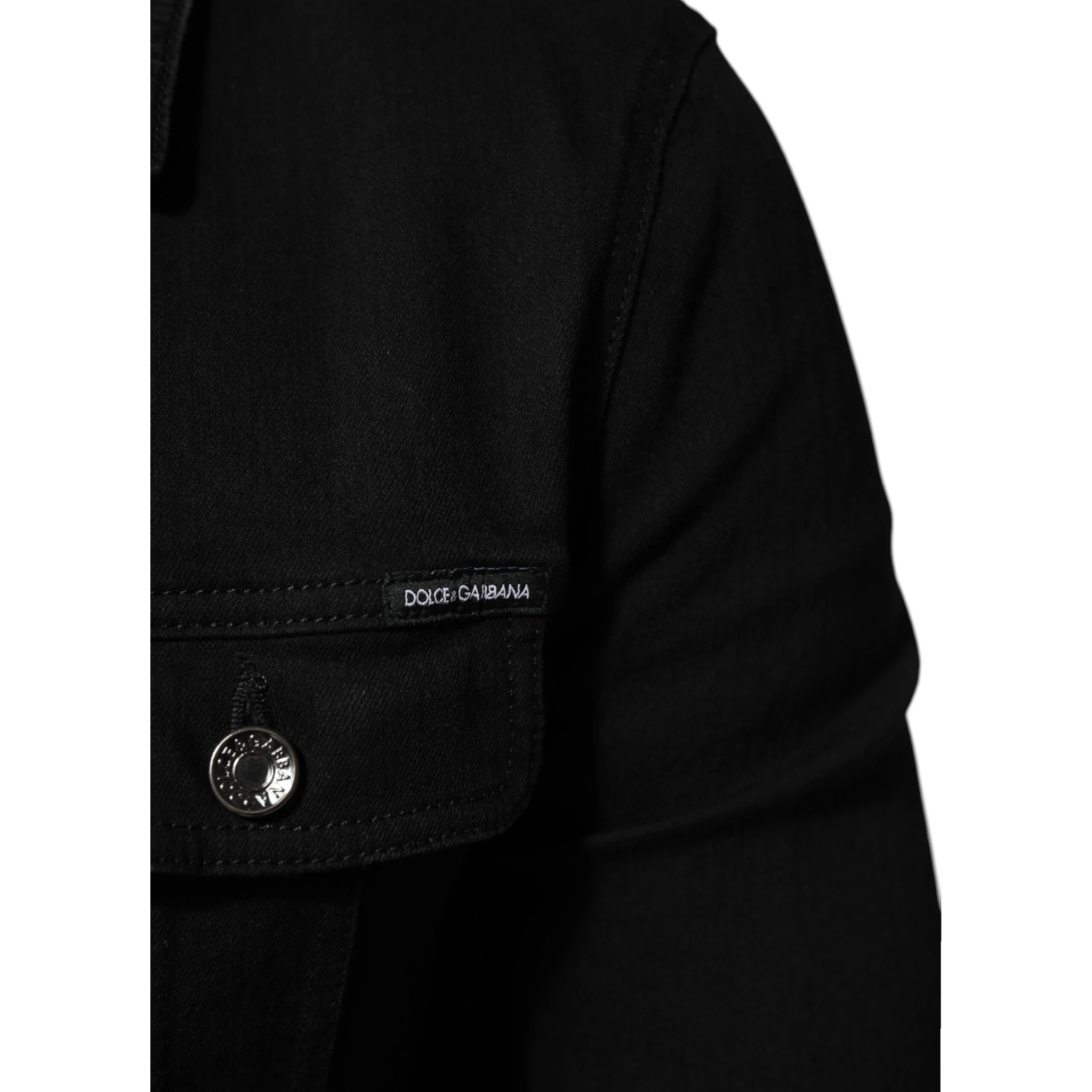 Black Cotton Denim Stretch Button Up Jacket