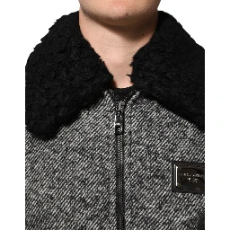 Gray Wool Herringbone Shearling Collar Bomber Jacket