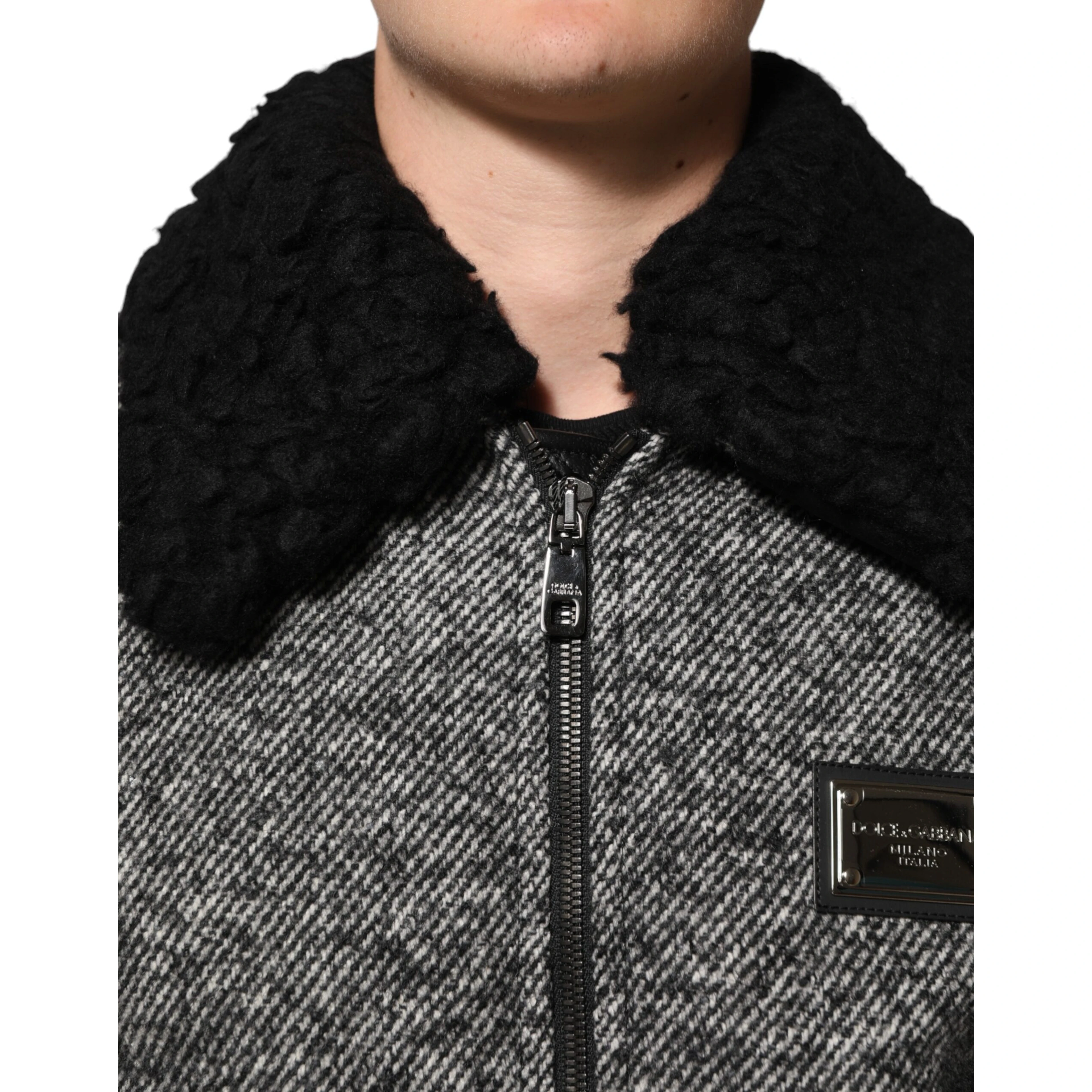 Gray Wool Herringbone Shearling Collar Bomber Jacket