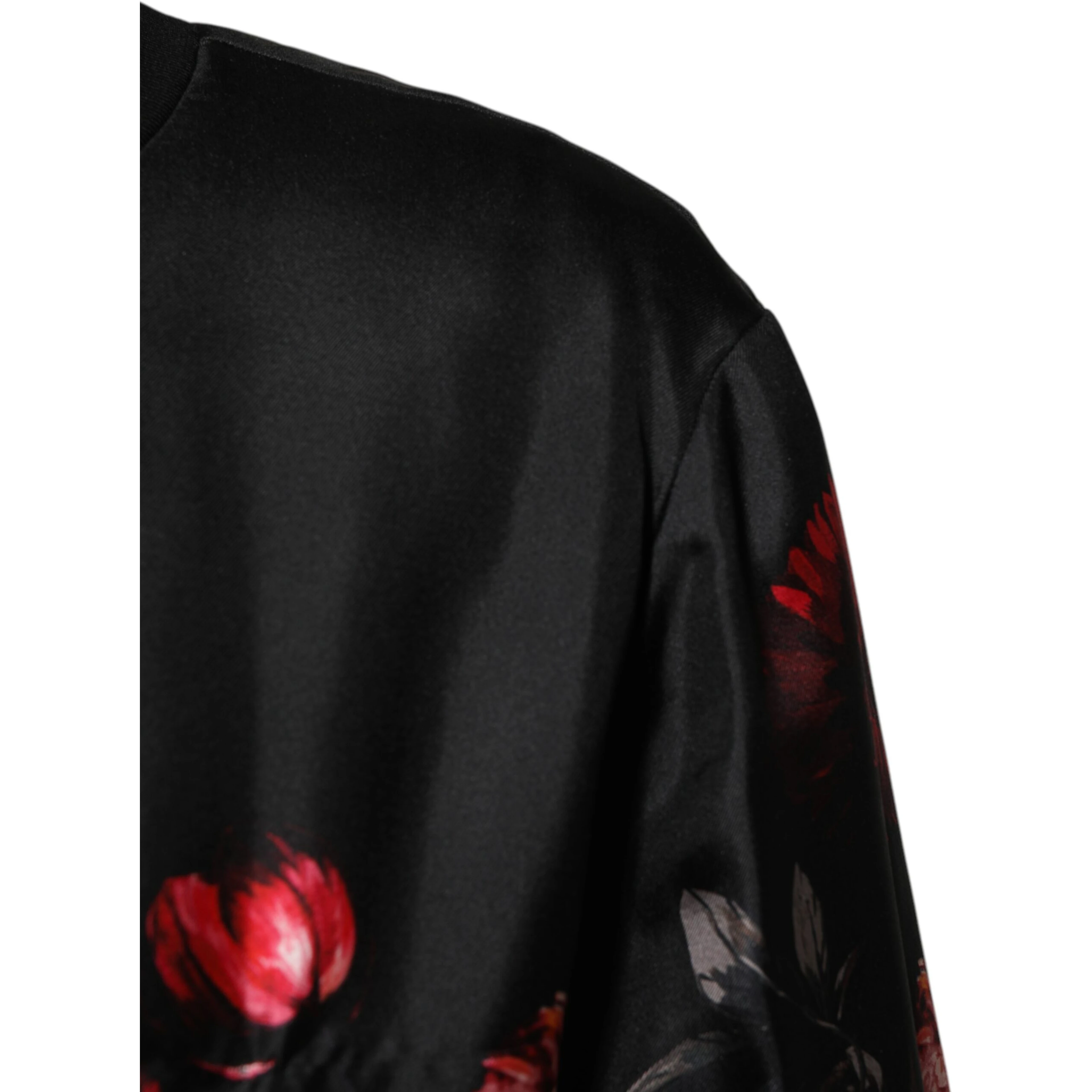 Black Red Floral Silk Bomber Blouson Jacket