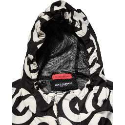 Black White Logo Print Hooded Coat Men Jacket