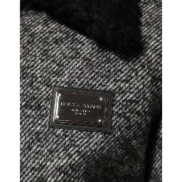Gray Wool Herringbone Shearling Collar Bomber Jacket