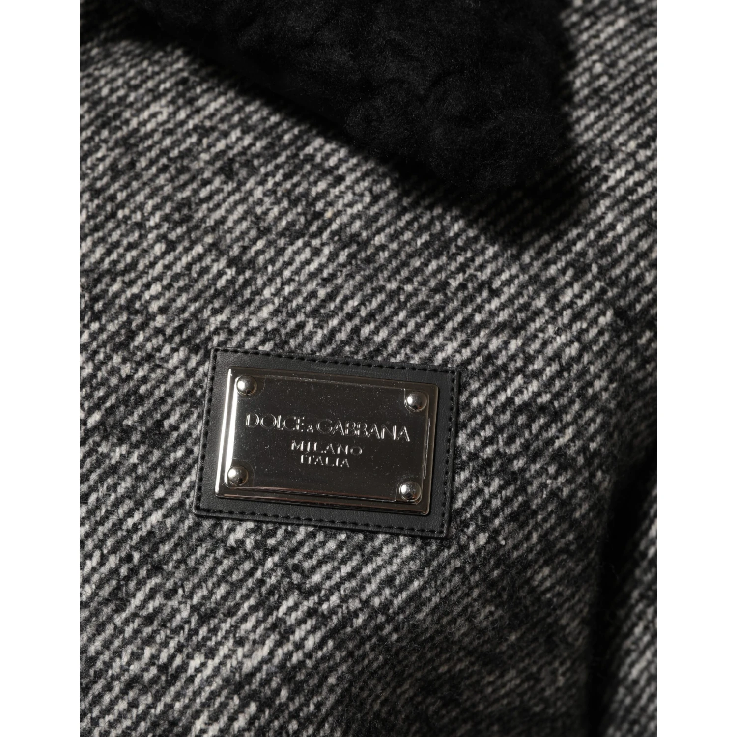 Gray Wool Herringbone Shearling Collar Bomber Jacket