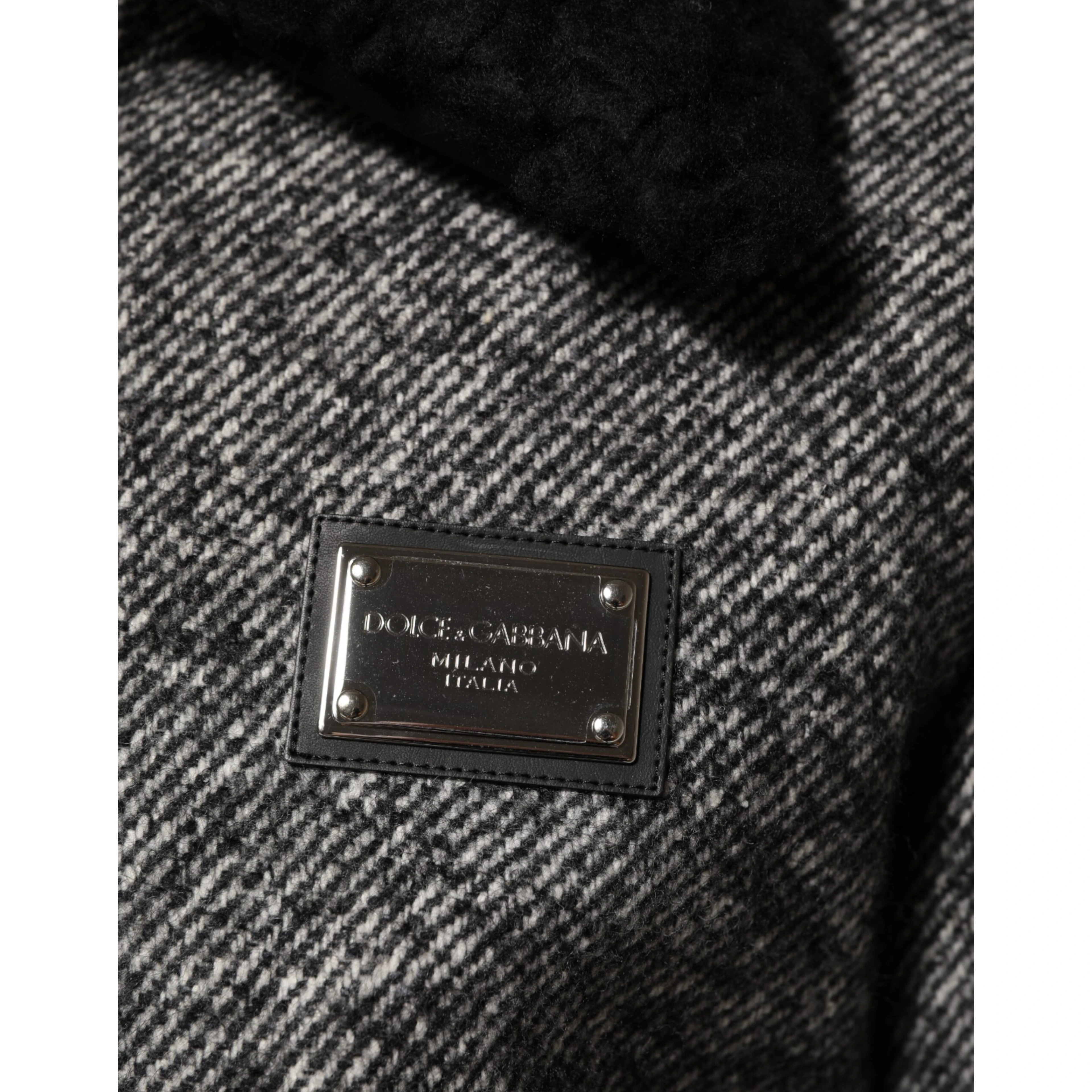 Gray Wool Herringbone Shearling Collar Bomber Jacket