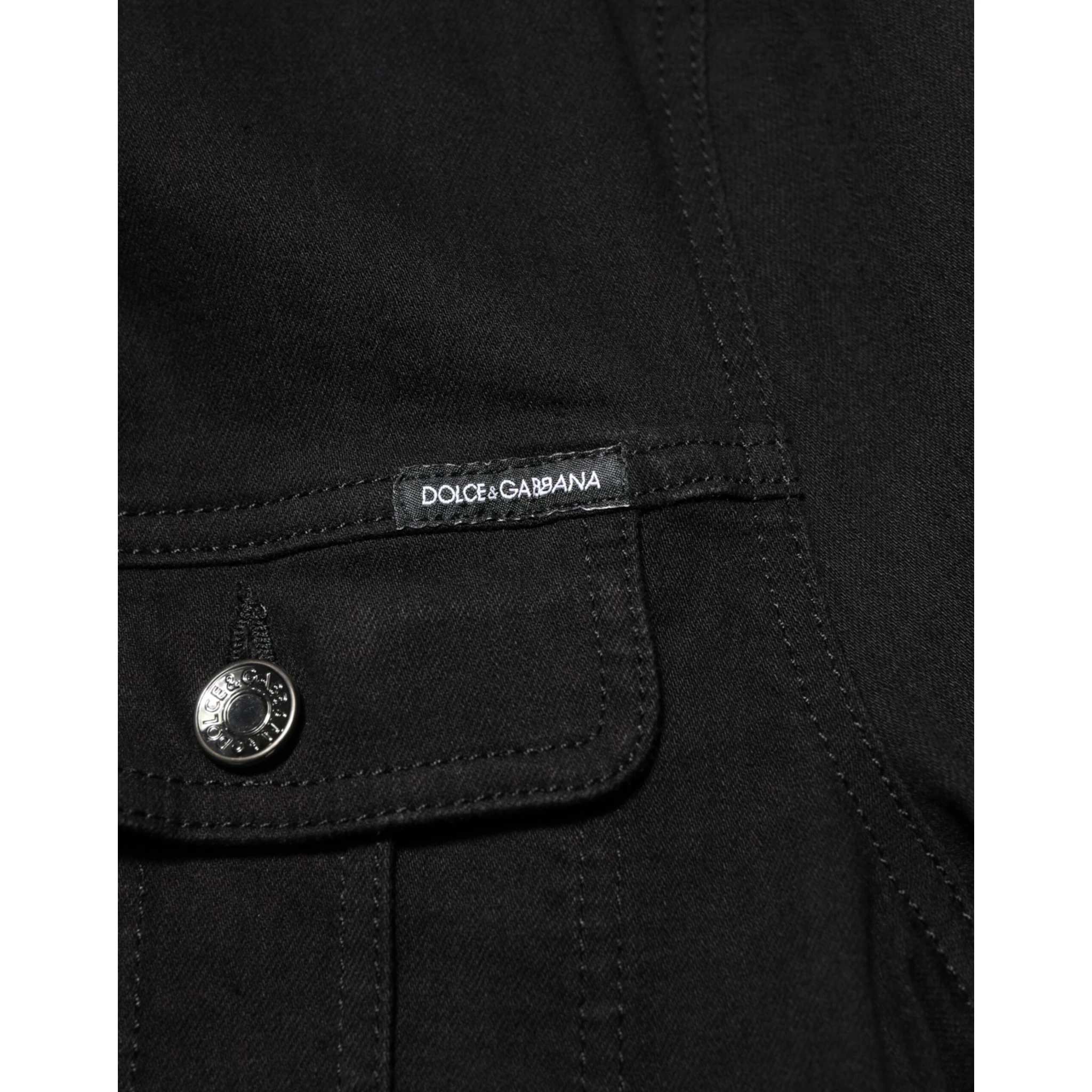 Black Cotton Denim Stretch Button Up Jacket