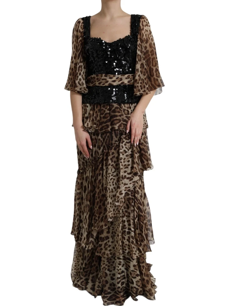 Leopard Print Silk Sequin Ruffle Maxi Dress