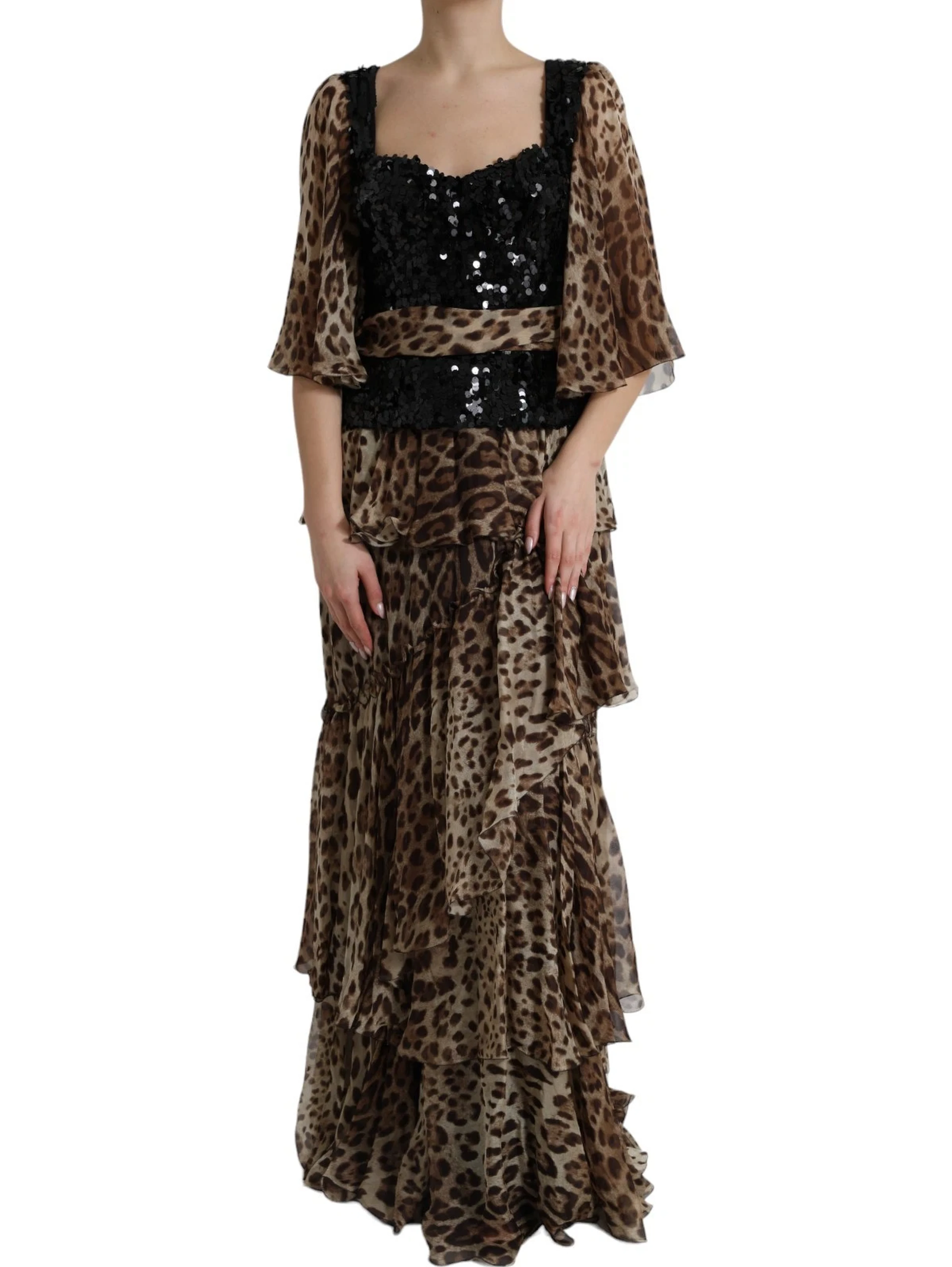 Leopard Print Silk Sequin Ruffle Maxi Dress