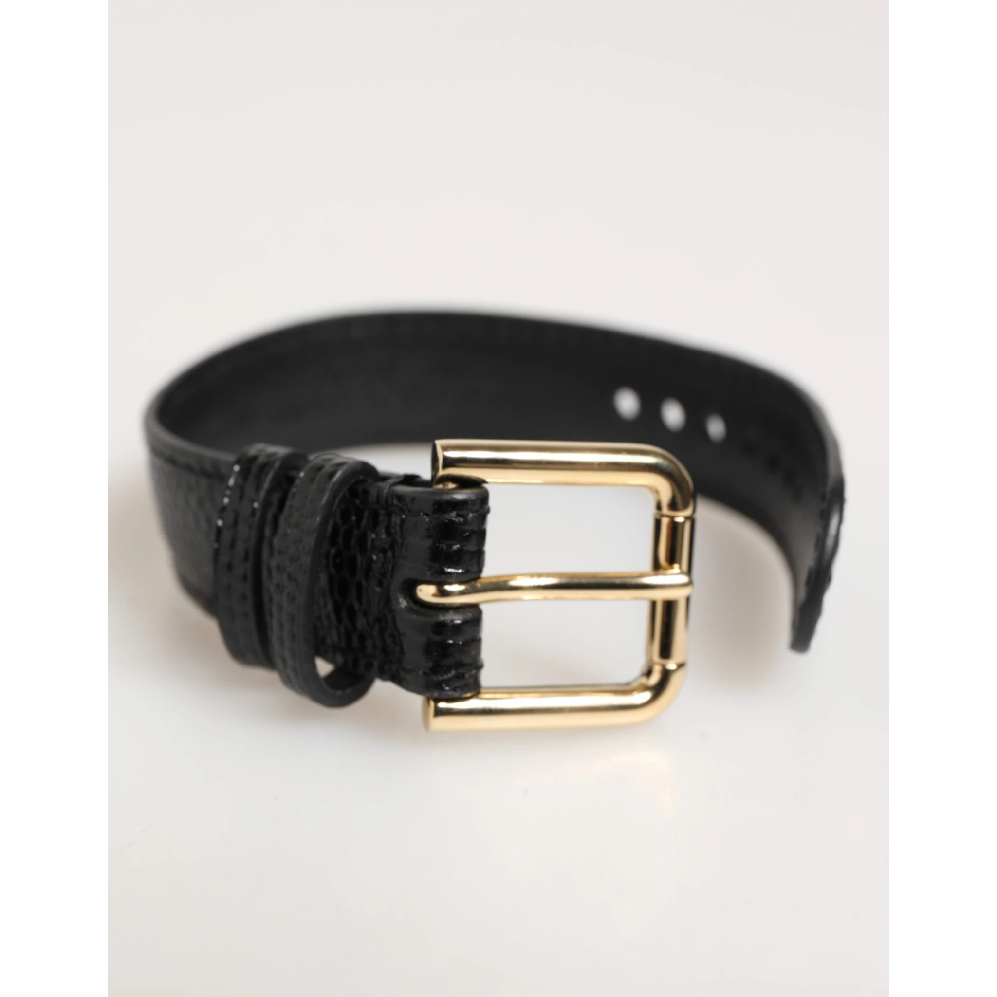 Black Embossed Leather Gold Buckle Belt Strap Bracelet