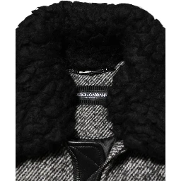 Gray Wool Herringbone Shearling Collar Bomber Jacket